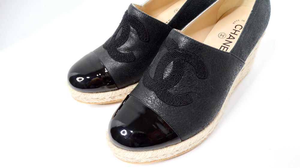 Chanel Black On Black Leather Interlocking CC Espadrille Wedges