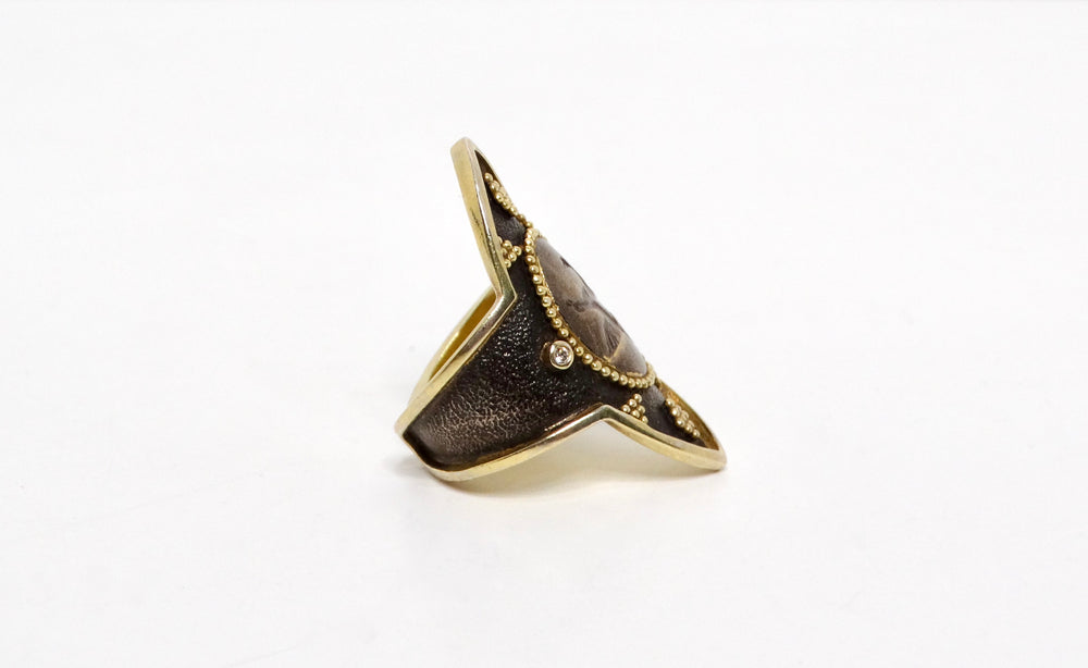 Sterling Silver Dancing Swans Shield Ring With Gold Plated & Diamond Accents