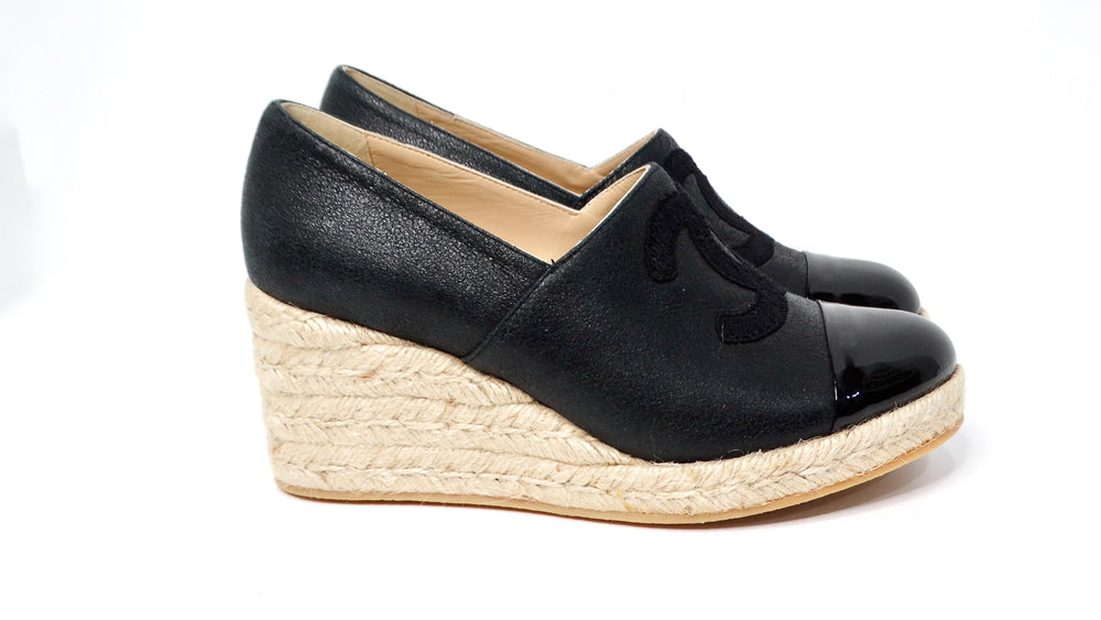 Chanel Black On Black Leather Interlocking CC Espadrille Wedges