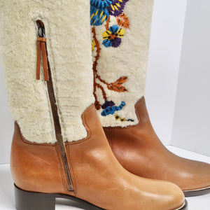 Miu Miu Floral Brown Leather Floral Shearling Riding Boots