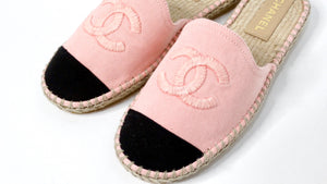 Chanel Pink Denim Interlocking CC Logo Espadrille Mules