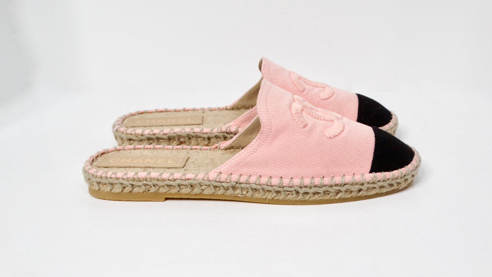 Chanel Pink Denim Interlocking CC Logo Espadrille Mules