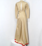 Guy Laroche Khaki Long-Sleeve Maxi Dress With Red Trim and Open Back