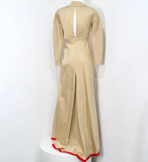 Guy Laroche Khaki Long-Sleeve Maxi Dress With Red Trim and Open Back