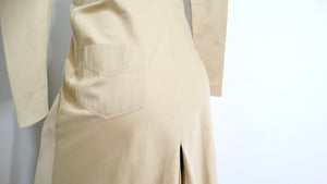 Guy Laroche Khaki Long-Sleeve Maxi Dress With Red Trim and Open Back