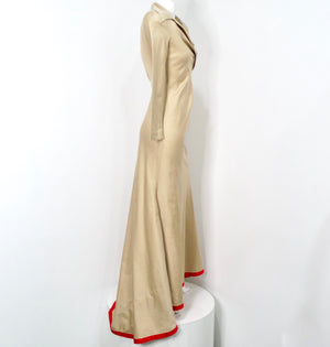 Guy Laroche Khaki Long-Sleeve Maxi Dress With Red Trim and Open Back