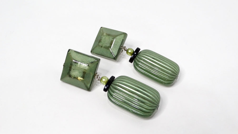 Green Jewel-Tone Beaded Costume Clip-On Dangle Earrings