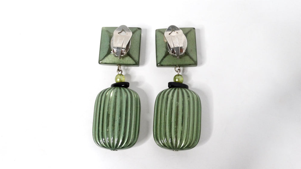 Green Jewel-Tone Beaded Costume Clip-On Dangle Earrings