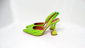 Amina Muaddi Begum Neon Green Croc Embossed Patent Leather Slingback Pumps