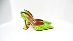 Amina Muaddi Begum Neon Green Croc Embossed Patent Leather Slingback Pumps