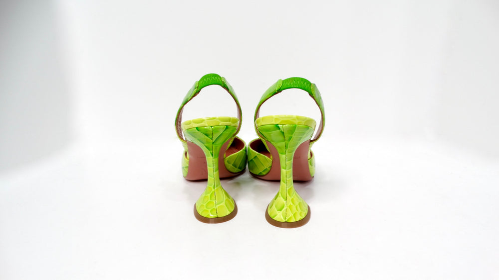 Amina Muaddi Begum Neon Green Croc Embossed Patent Leather Slingback Pumps