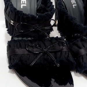 Chanel Black Grosgrain Canvas Bow Slingback Sandals