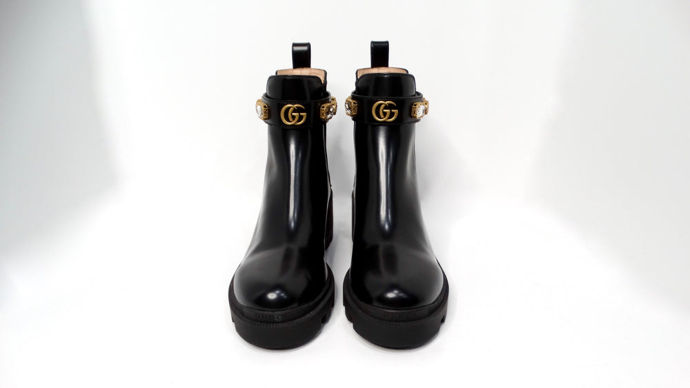 Gucci Black Calfskin Leather Chelsea Ankle Boots With Jewels