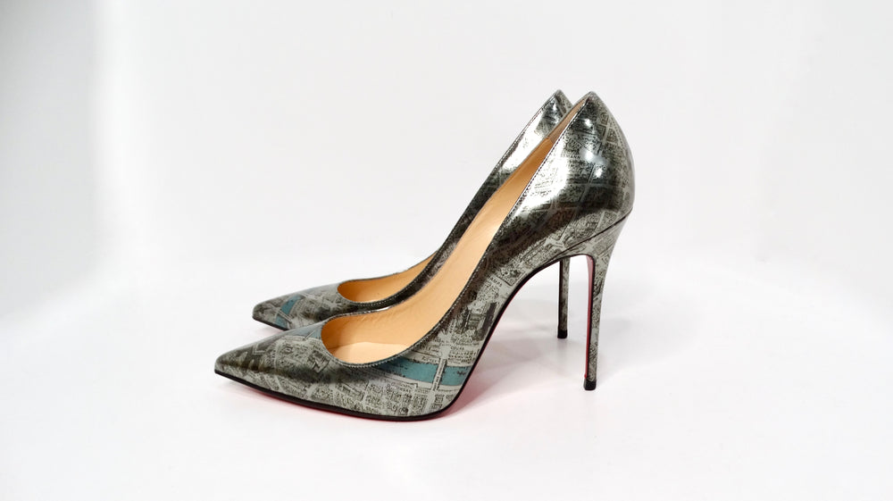 Christian Louboutin Paris Map Metallic Patent Leather Decolette Stiletto Pumps