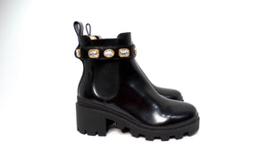 Gucci Black Calfskin Leather Chelsea Ankle Boots With Jewels