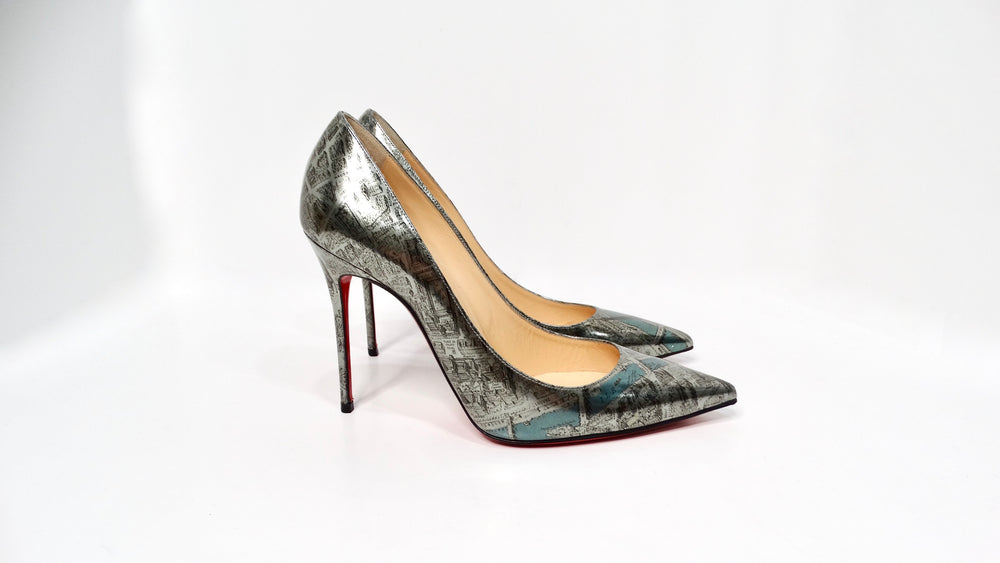 Christian Louboutin Paris Map Metallic Patent Leather Decolette Stiletto Pumps