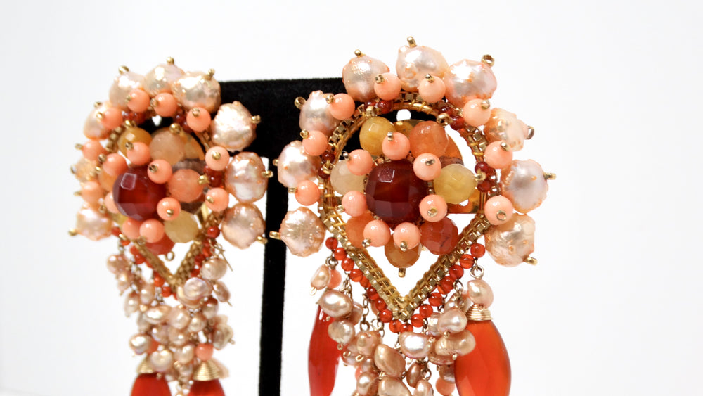 Pearly Intricate Beaded Pink & Orange Dangle Clip-On Statement Earrings