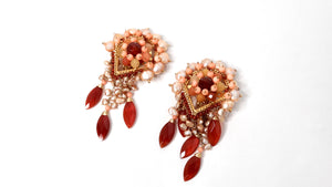 Pearly Intricate Beaded Pink & Orange Dangle Clip-On Statement Earrings