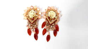 Pearly Intricate Beaded Pink & Orange Dangle Clip-On Statement Earrings