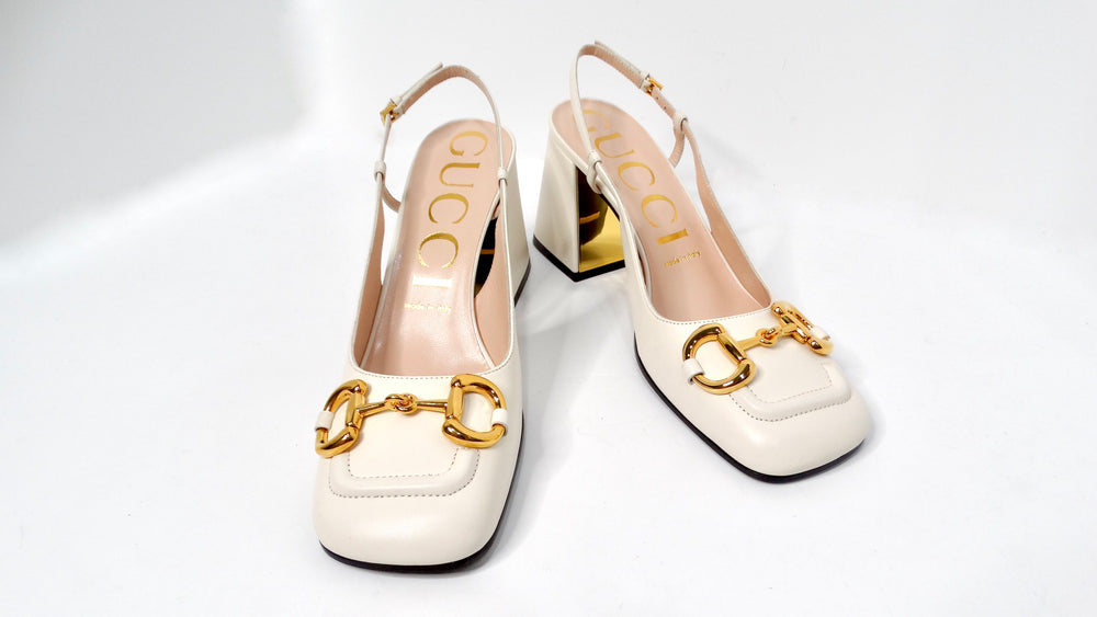 Gucci Cream Leather Horsebit Square-Toe Slingbacks