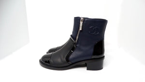 Chanel Navy Blue & Black Leather Interlocking CC Logo Ankle Boots