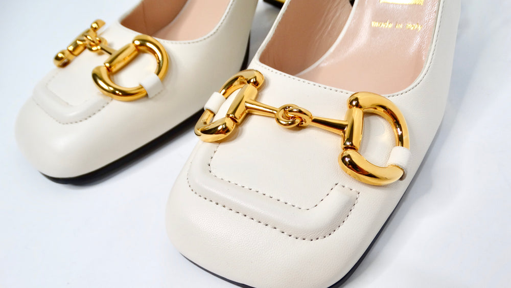 Gucci Cream Leather Horsebit Square-Toe Slingbacks