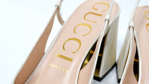 Gucci Cream Leather Horsebit Square-Toe Slingbacks