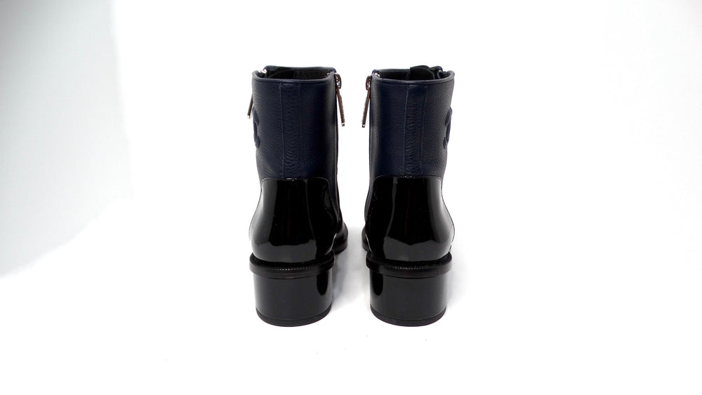 Chanel Navy Blue & Black Leather Interlocking CC Logo Ankle Boots