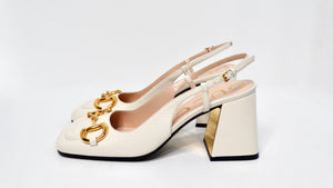 Gucci Cream Leather Horsebit Square-Toe Slingbacks