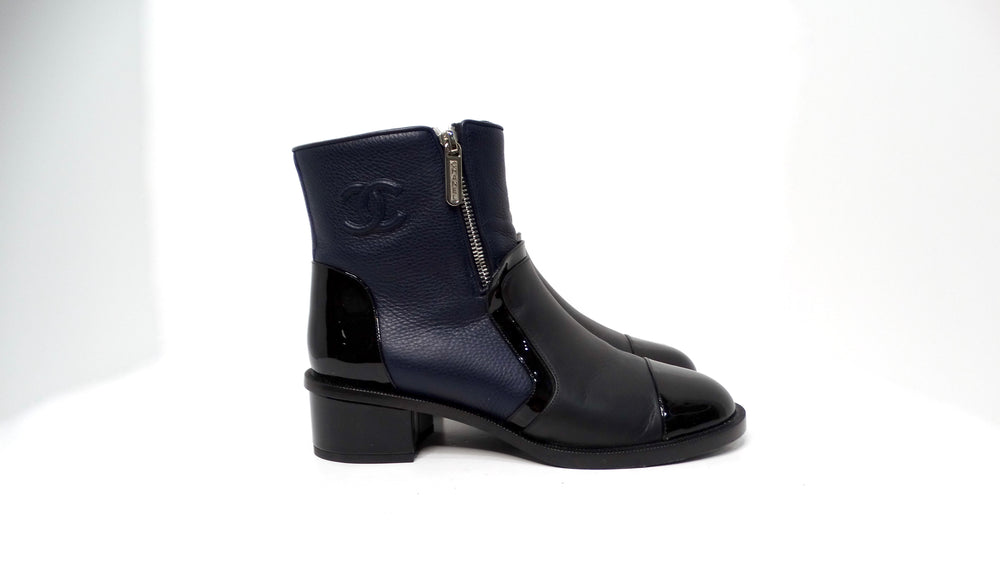 Chanel Navy Blue & Black Leather Interlocking CC Logo Ankle Boots