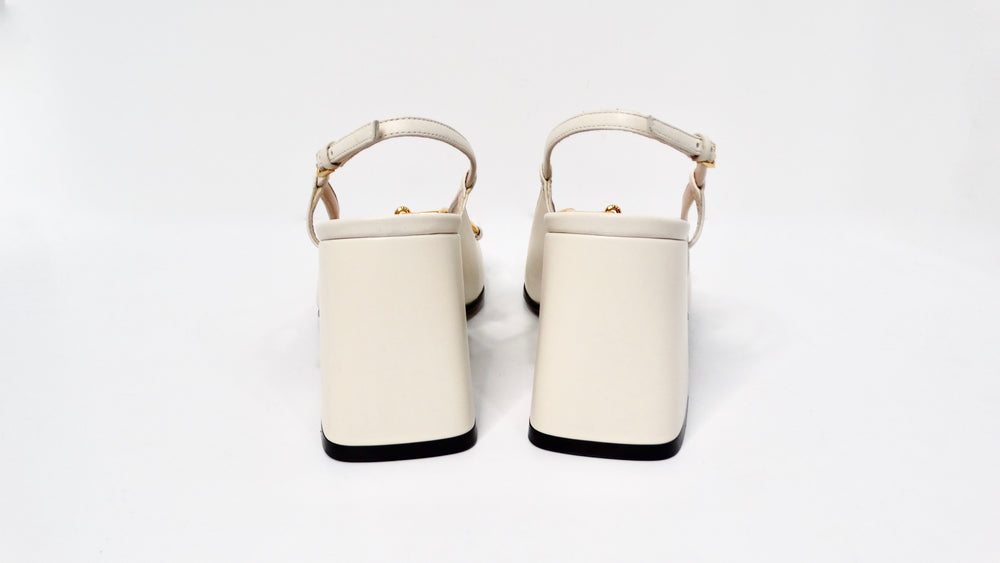 Gucci Cream Leather Horsebit Square-Toe Slingbacks