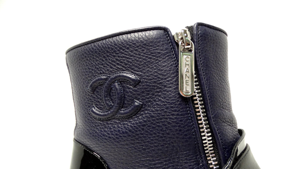 Chanel Navy Blue & Black Leather Interlocking CC Logo Ankle Boots