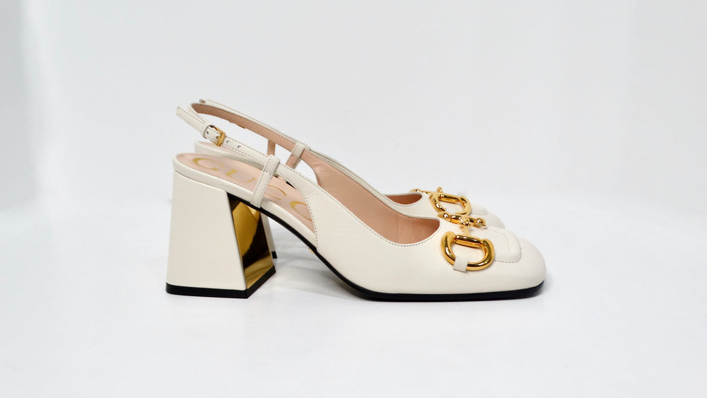 Gucci Cream Leather Horsebit Square-Toe Slingbacks