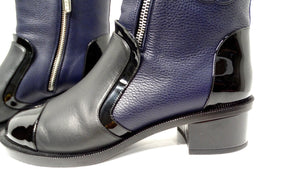 Chanel Navy Blue & Black Leather Interlocking CC Logo Ankle Boots