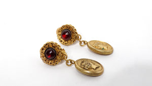 Pierre Lorion Sylvia Karels 1980's Red Cabochon Medallion Clip-On Earrings