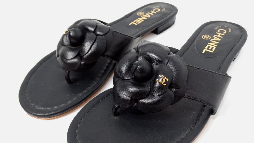 Chanel Camellia Black Lambskin Leather Sandals