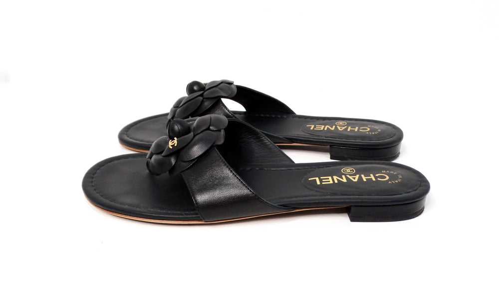 Chanel Camellia Black Lambskin Leather Sandals