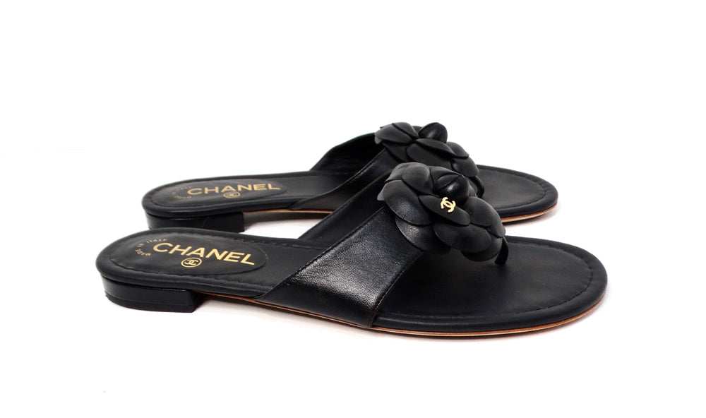 Chanel Camellia Black Lambskin Leather Sandals