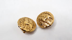 1984 Chanel Gold Tone Lion Motif Coin Style Clip-On Earrings