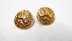 1984 Chanel Gold Tone Lion Motif Coin Style Clip-On Earrings