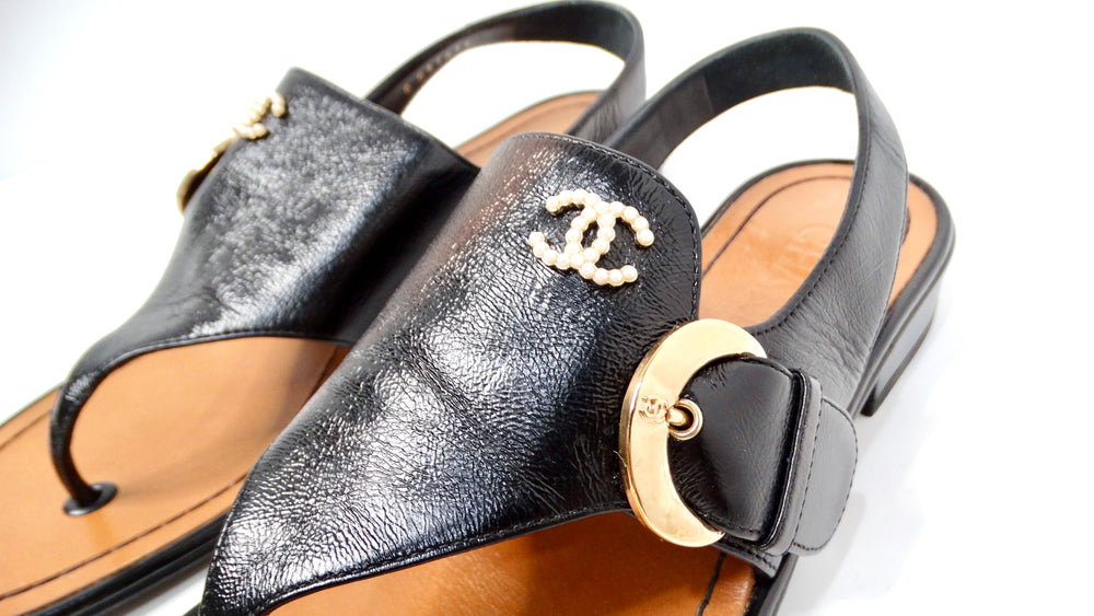 Chanel Black Leather Buckle Sandals With Pearl Interlocking CC Logo