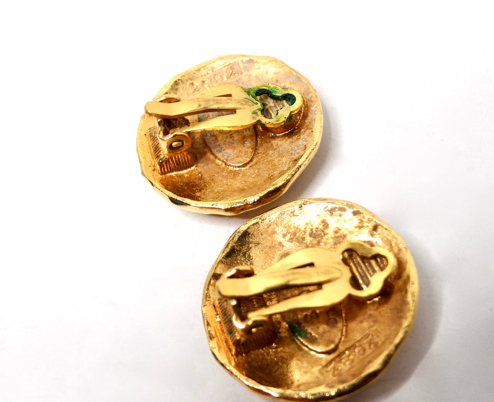 1984 Chanel Gold Tone Lion Motif Coin Style Clip-On Earrings