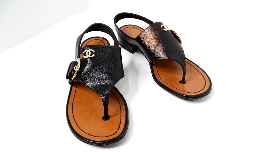 Chanel Black Leather Buckle Sandals With Pearl Interlocking CC Logo