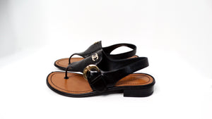 Chanel Black Leather Buckle Sandals With Pearl Interlocking CC Logo