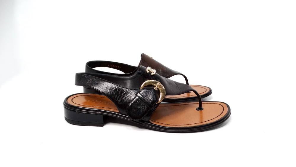 Chanel Black Leather Buckle Sandals With Pearl Interlocking CC Logo