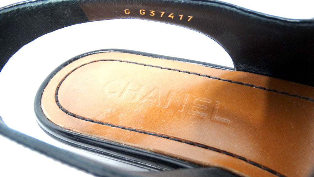 Chanel Black Leather Buckle Sandals With Pearl Interlocking CC Logo