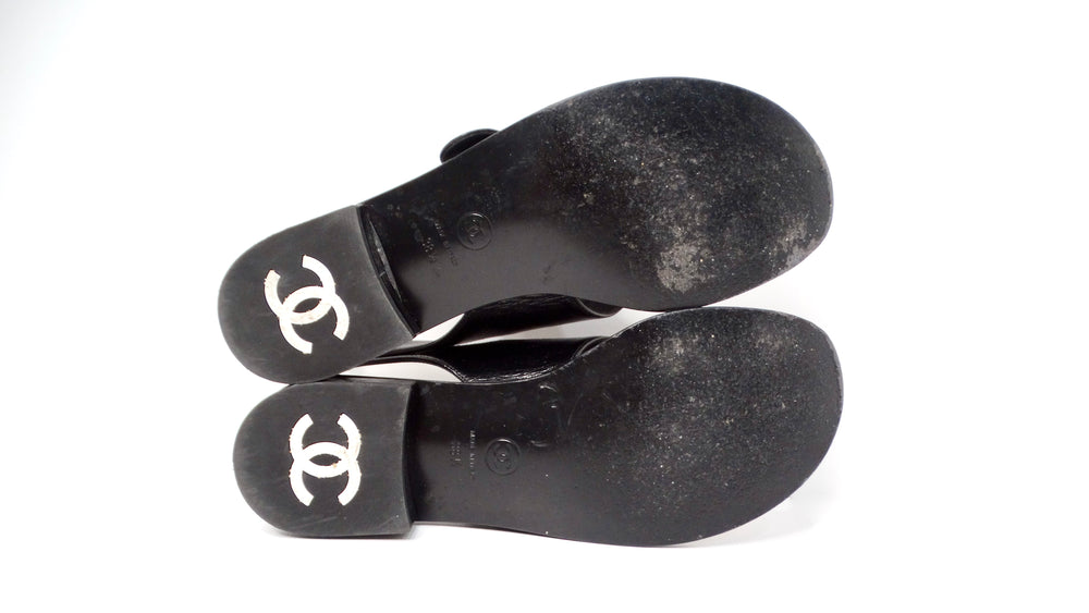 Chanel Black Leather Buckle Sandals With Pearl Interlocking CC Logo