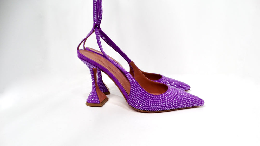 Amina Muaddi Karma Suede Purple Rhinestone Embellished Lace-Up Pumps