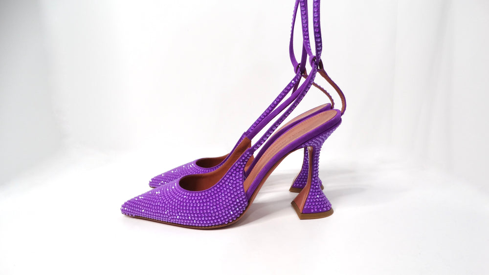 Amina Muaddi Karma Suede Purple Rhinestone Embellished Lace-Up Pumps