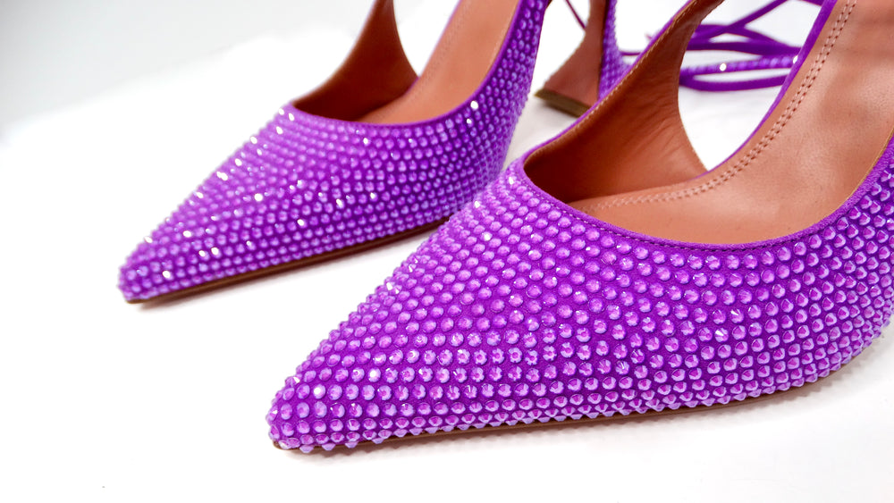 Amina Muaddi Karma Suede Purple Rhinestone Embellished Lace-Up Pumps